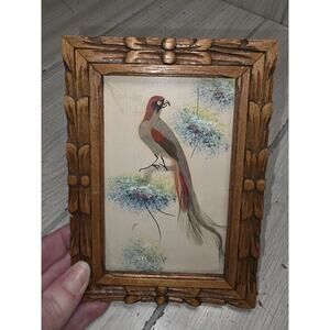 Vtg 1951 Mexican Feathercraft Bird Feather Picture Carved Wood Frames 7” Marked